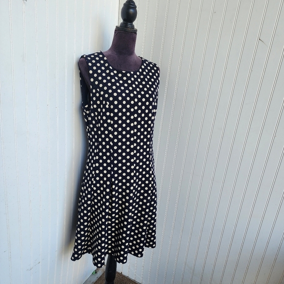 ILE NEW YORK Navy Blue Fit Flare A-Line Dress White Polka Dot Textured Stretc 10 - Picture 5 of 16